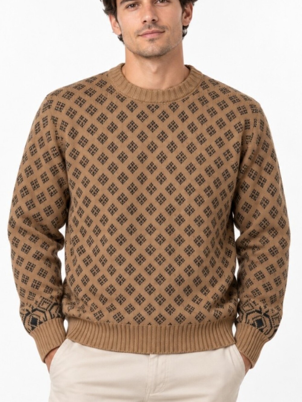 Vintage 90s  Eddie Bauer Camel Diamond Patterned Sweater Large Cotton Comfortbl